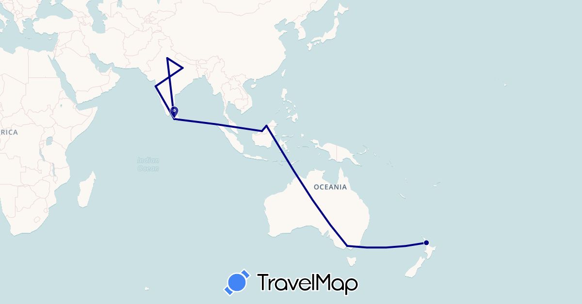 TravelMap itinerary: driving in Australia, Brunei, India, Sri Lanka, Malaysia, New Zealand (Asia, Oceania)